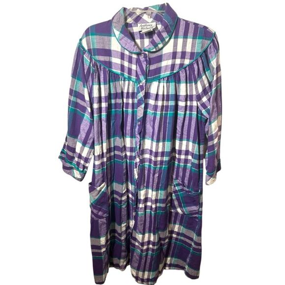 Vintage Anthony RichardsPurple Plaid Button-Up flannel nightgown/robe. Size 2x - Picture 1 of 7